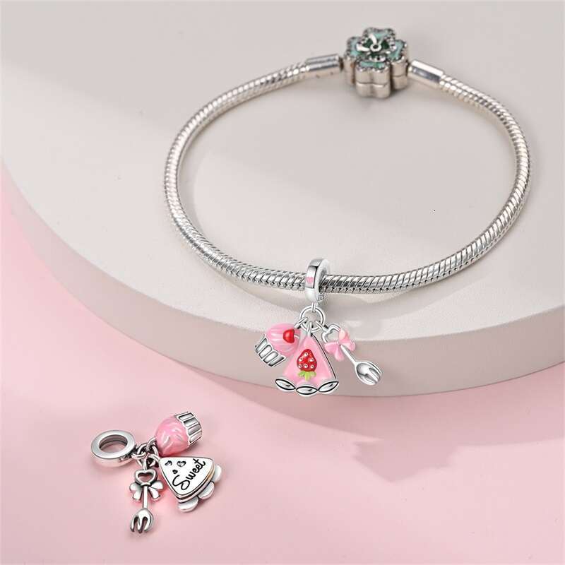 New 925 Sterling Silver Strawberry Cake Afternoon Tea Dessert Charms Beads Fit Original Bracelets DIY Jewelry