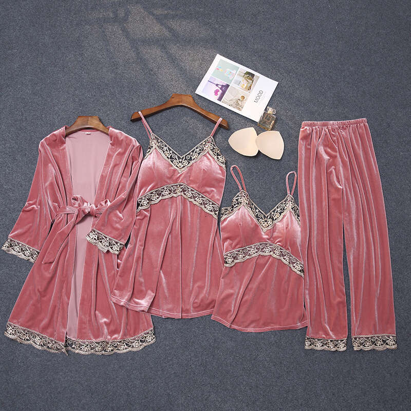 4 Pieces Lace Veet Pamas Sets Women Warm Sleepwear Robe Pants Winter Pijamas Bathrobe Sexy Gerie Autumn Pyjamas