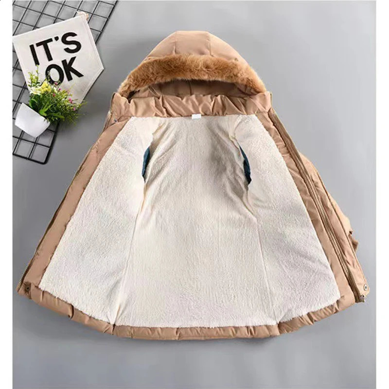 Thick warm winter girls jacket detachable hat plush collar apron childrens birthday gift 240903bj