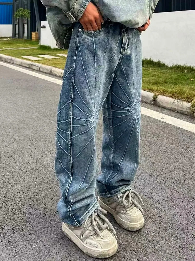 Ropa Y2K Streetwear Web Embroidery Baggy Stacked Jeans Pants For Men Clothes Washed Blue Gothic Punk Denim Trousers 240912
