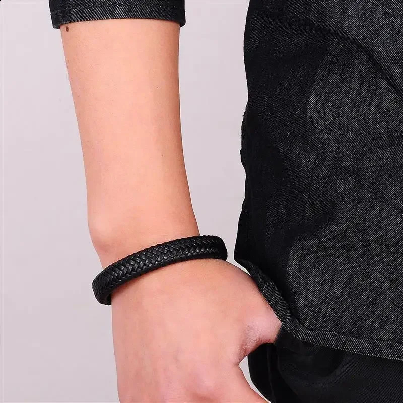Fashionable punk mens bracelet black brown woven leather bracelet stainless steel magnetic buckle bracelet mens jewelry gift 240914
