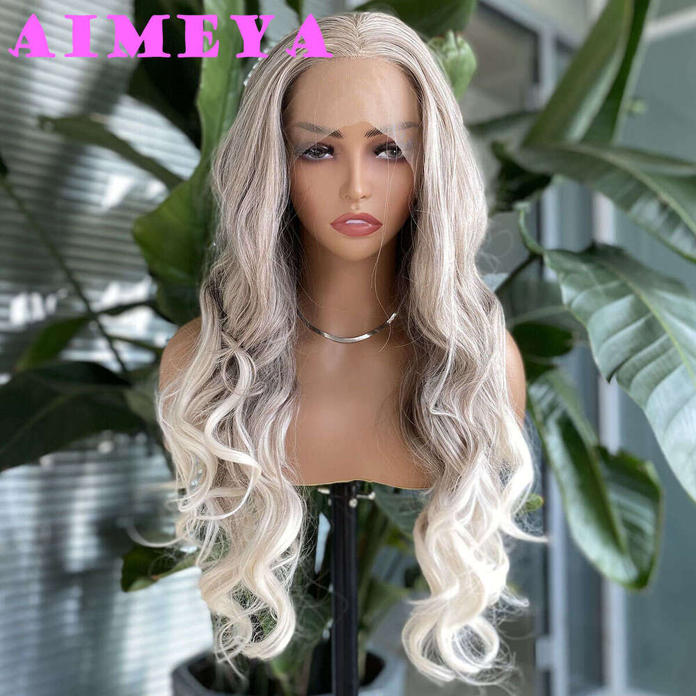 AIMEYA Body Wave Blonde Wig For Women Ombre Color Lace Front Wigs Highlights Natural Looking Synthetic Hair Heat Resistant