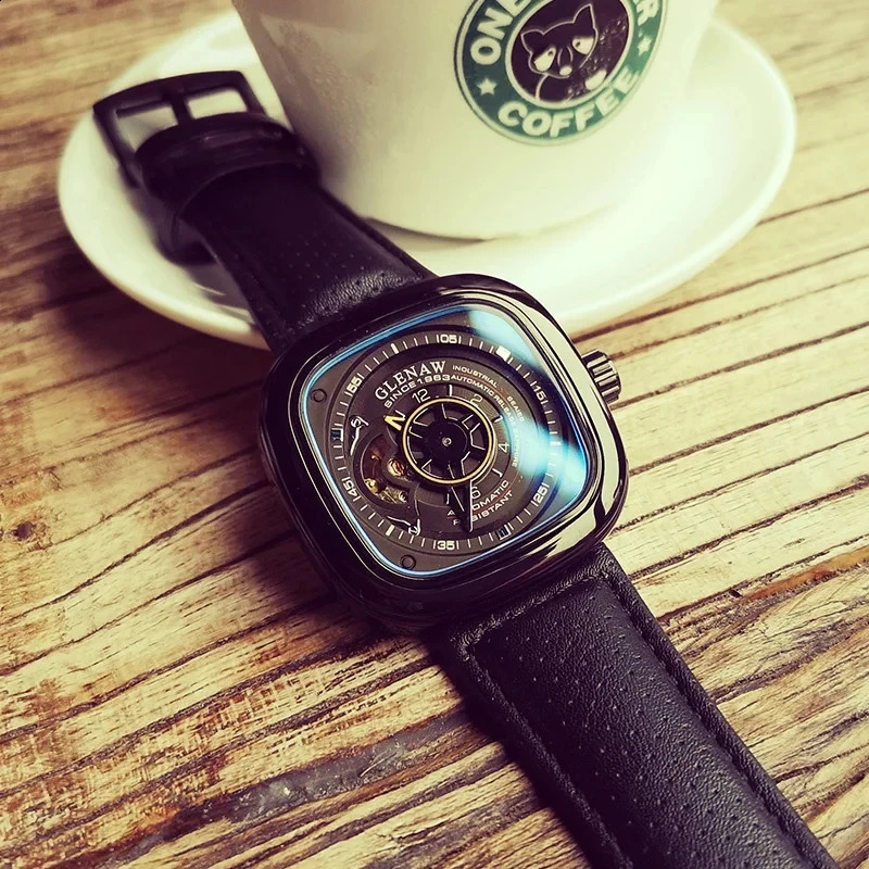 GLENAW Mechanical Watch for Men Breathable Leatherstainless Steel Automatic Skeleton Mens Watches Top Reloj Hombre 240906