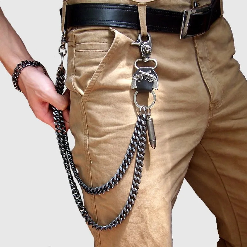 Hip hop punk jeans pants Trouser waist chain trend Rock mens skull Ghost head metal chain Double chain Bicycle keychain prop 240924