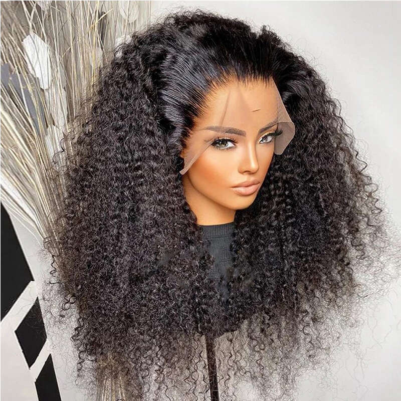 High Density Kinky Curly Glueless 5% Human Hair Lace Front Wig For Black Women Pre Plucked Natural Haire