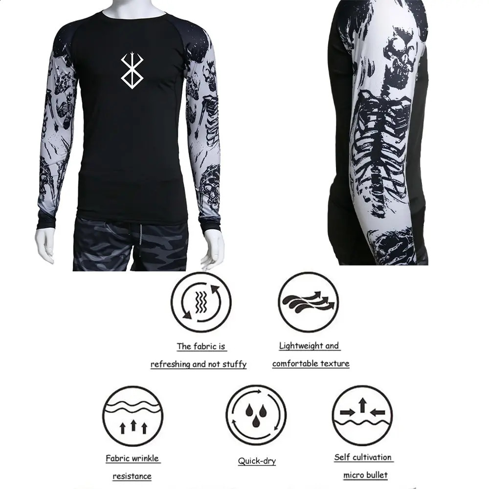 Mens Compression Shirt 3D Printed Long Sleeves Quick Drying Breathable Rash Guard Sports Jogging Gym Athletic Fitness Clothing 240905