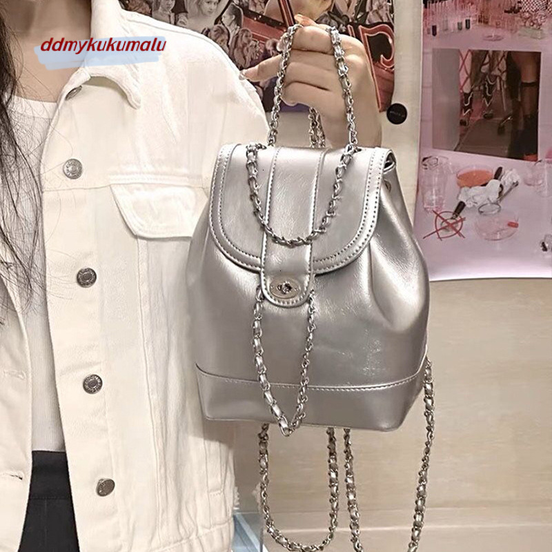 2024 New Style Sier Chain Women's Korean Edition Small Fragrance Backpack Fashionable Crowd Book Bag H7.19#27 ddmykukumalu