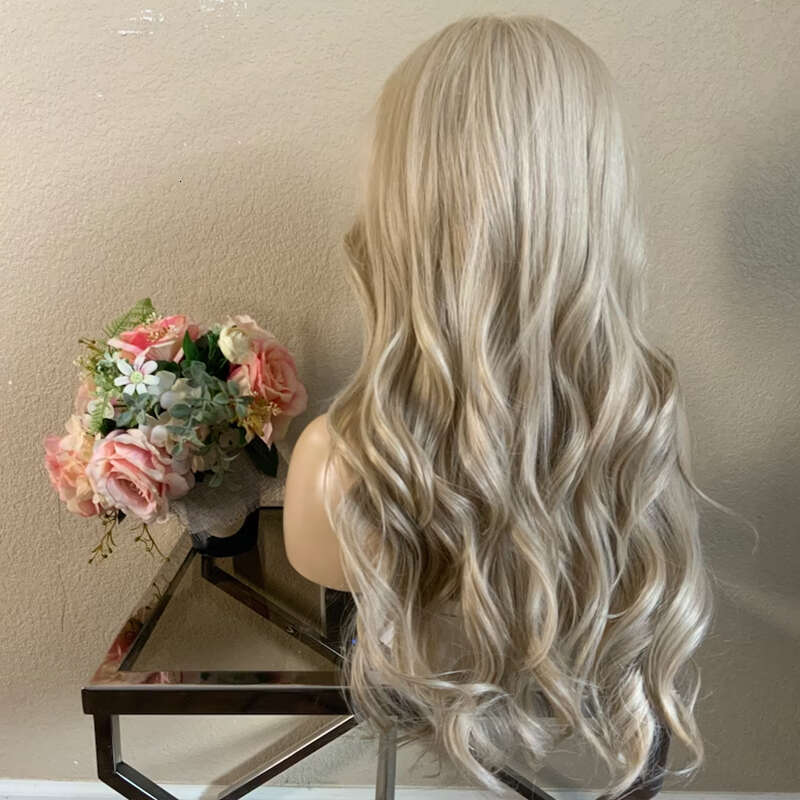 24'' Ash Platinum Blonde Lace Front Synthetic Heat Resistant Fiber Mixed 10% Human Hair Middle Part Cosplay Wig For Women