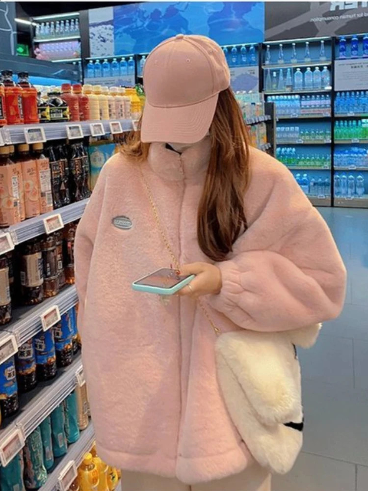 Womens Winter Coats Oversized Teddy Bear Sports Coat White Stand-up Collar Jacket Top Warm Thicken Fleece Faux Fur Coats Female 240911