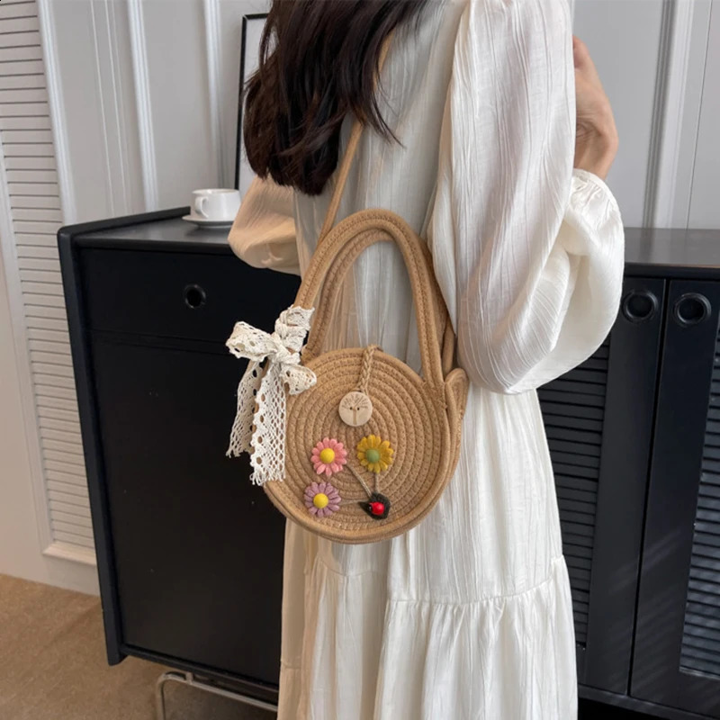Cotton rope round grass beach bag retro handmade woven shoulder cross body Bohemian summer vacation leisure 240913