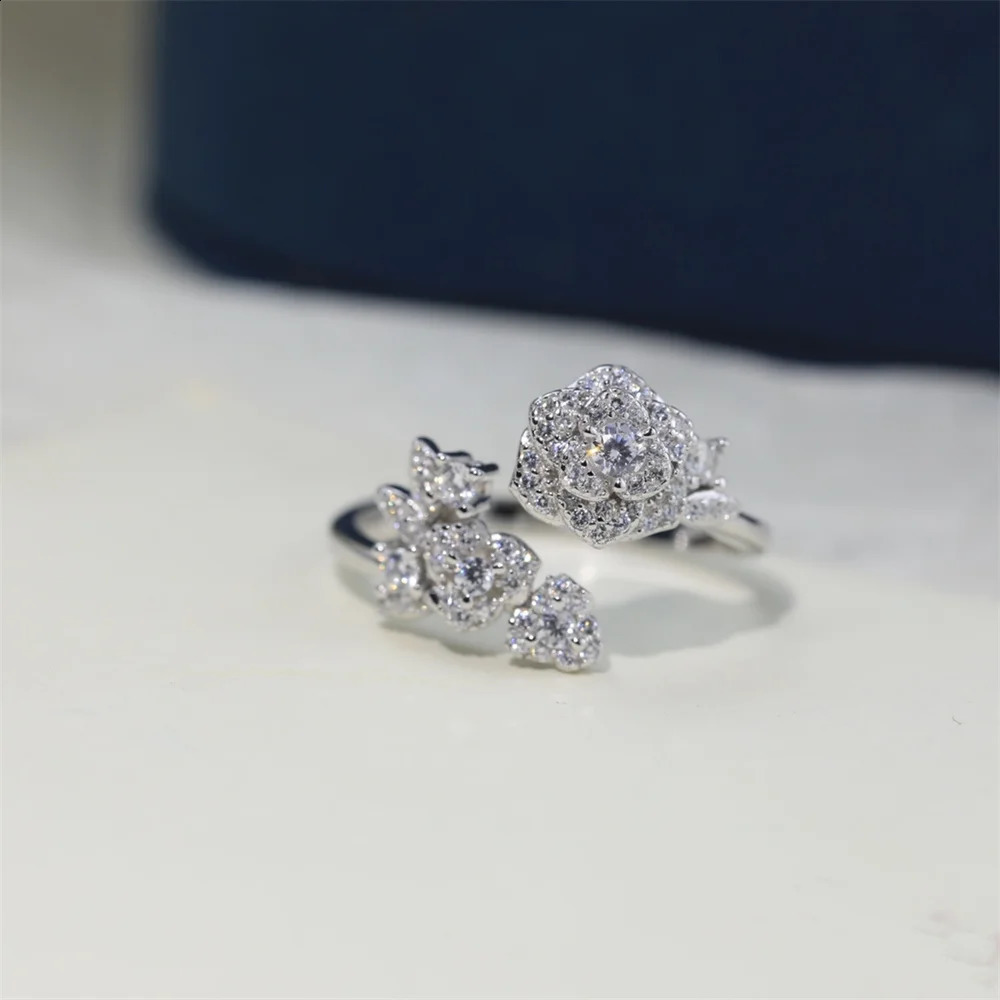All diamond rose polyester ring pure silver open top ring Exquisite and Versatile ring 240914