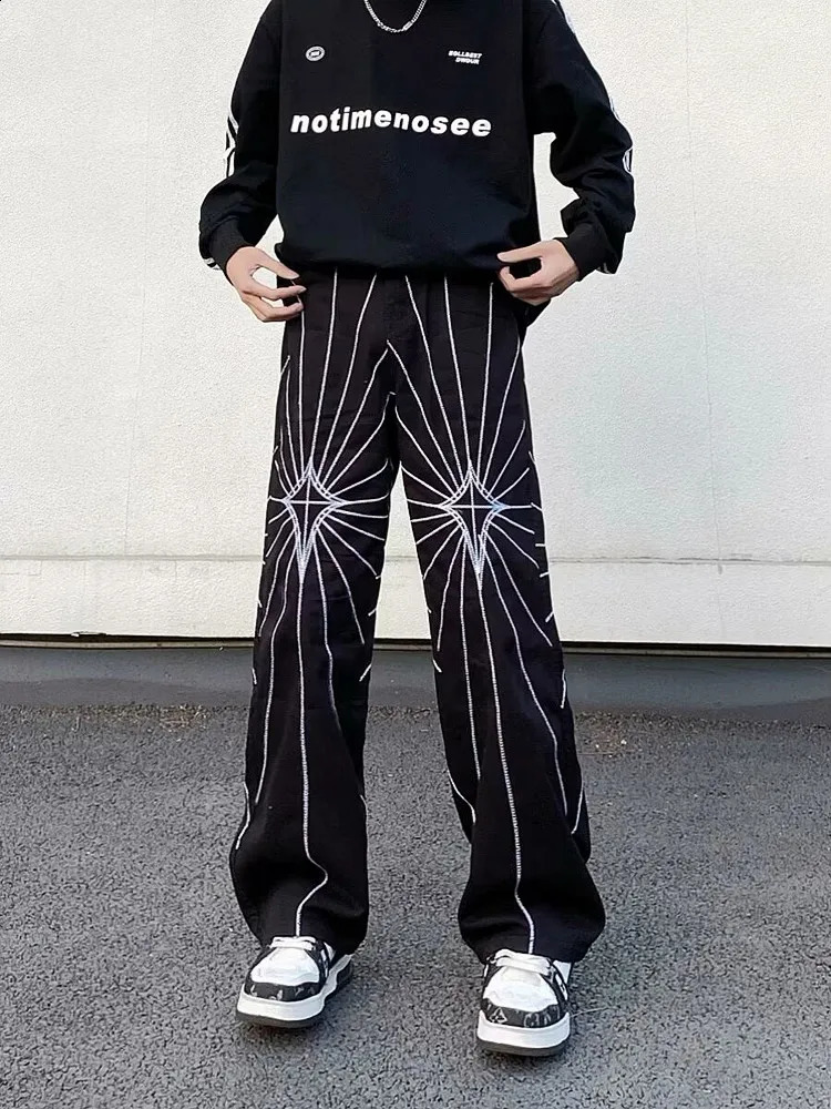 Ropa Y2K Streetwear Web Embroidery Baggy Stacked Jeans Pants For Men Clothes Washed Blue Gothic Punk Denim Trousers 240912