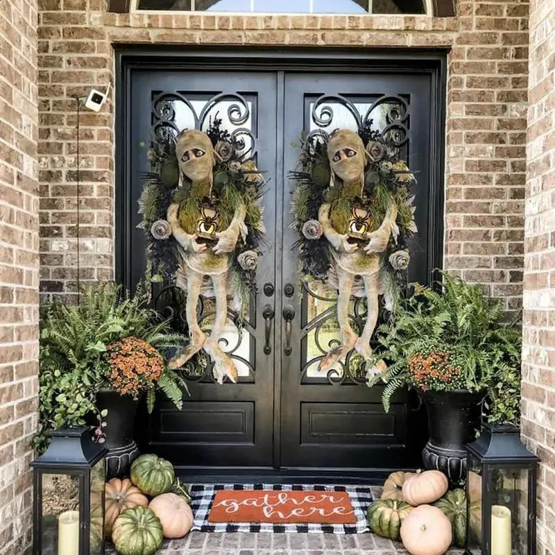 Beautiful Mummy Wreath Halloween Welcome Sign Door Wreath Front Door Ornament Scary Halloween Indoor Outdoor Decorations Wreath 240912