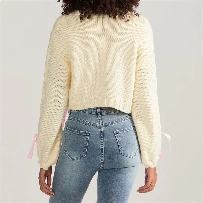 Chic Knitwear Cardigan Vintage Ribbon Bow Tie Up Knitted Sweater Women Y2k Aesthetic Harajuku Long Sleeve Outwear Autumn Winter 240904