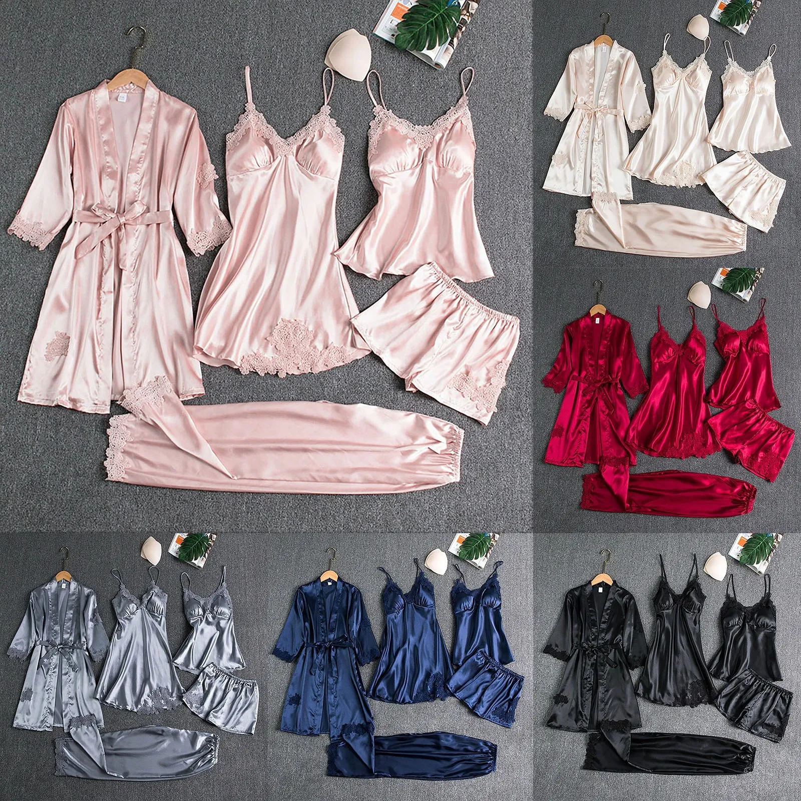 Ladies Satin Pajamas Set 5 Piece Pajamas Womens Night Gown Silk Lingerie Womens Nightgowns for Sleeping Sleep Wear for Woman 240913