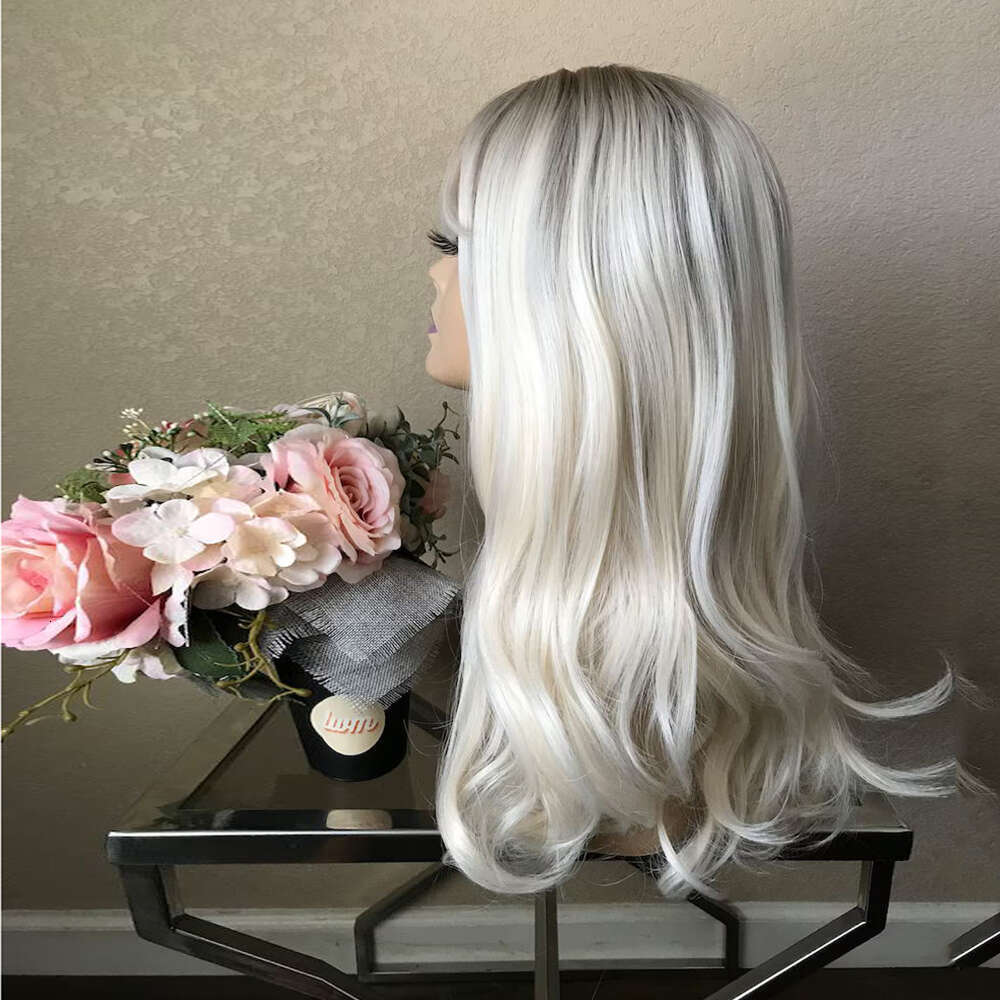 24'' Ombre Dark Root Platinum Blonde Synthetic Front Heat Friendly Fiber Wavy 10% Mixed Human Hair Lace Wig Cosplay