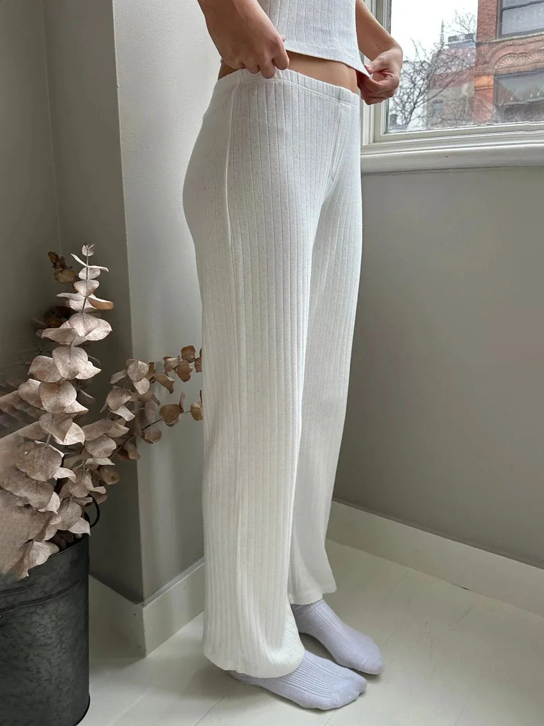 Womens eyelid white casual straight pants summer three button cotton high waisted pajamas Trouser solid simple home sports 240913