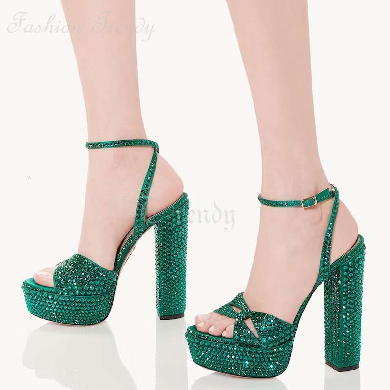 Skin Tone Crystal Chunky Heels Women Open Sandal Green Suede Sier Sequined Pump Square Light Buckle Elegant Wedding Shoe