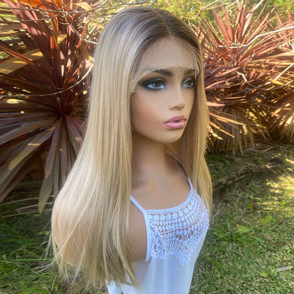 Blonde Roots Synthetic Beautiful Heat Friendly Fibres Light Blond Ash Balayage Straight Wig 26" Daily Cosplay Wearing