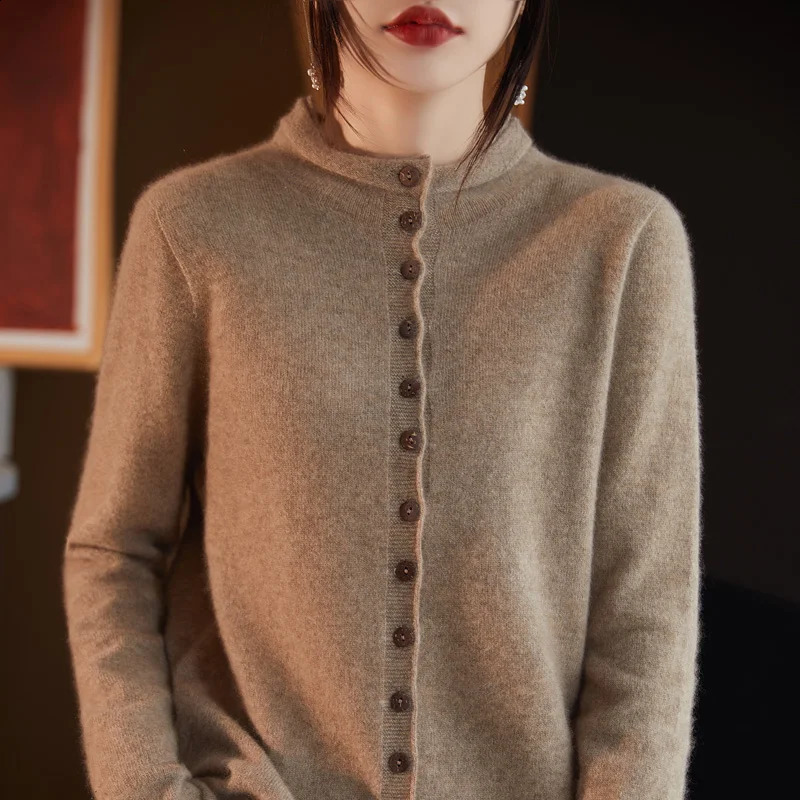 Autumn Winter 100% Wool Thicken Shirt Sweater Women Curled Round Neck Knitted Cardigan Female Multi Buckle Casual Warm Soft Top 240904