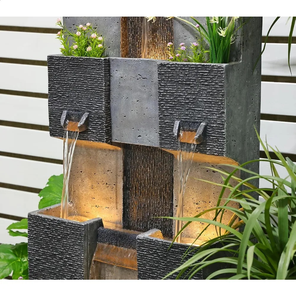 45.3-inch Garden Fountain Outdoor Home Art Decoration 3-story Modern Stacked Outdoor Waterfall Fountain with Lights 240910