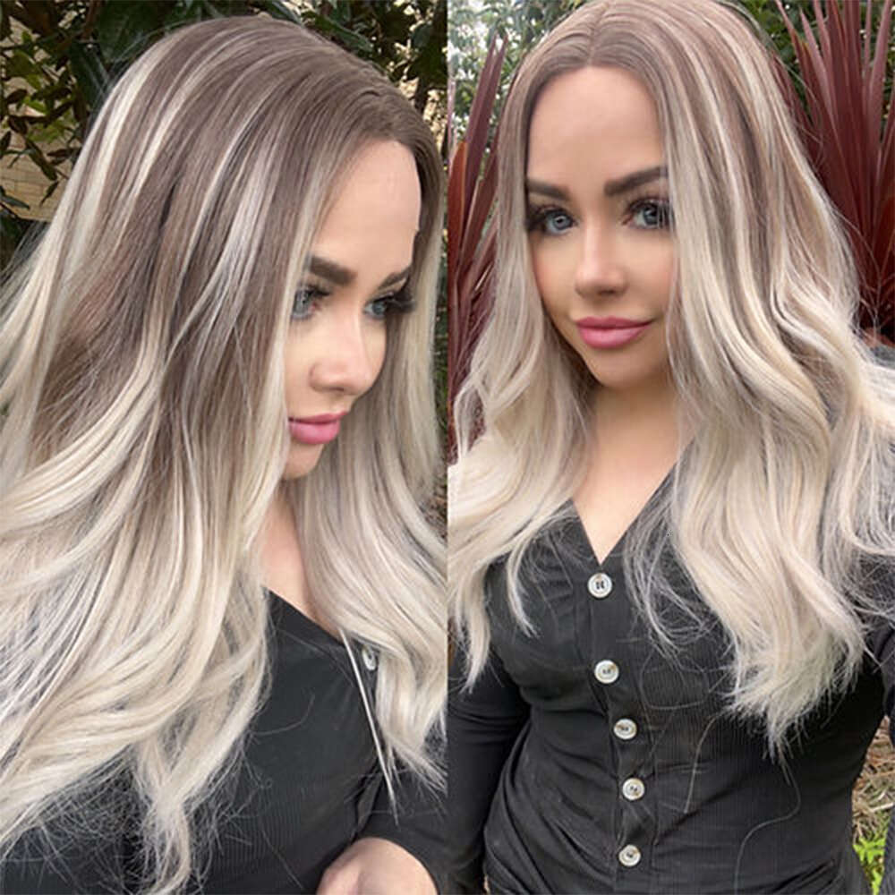 Lightest Blonde Balayage Synthetic Brown Roots Beautiful Heat Friendly Fibres Lace Front Wig Look Like Human Hair Glueless