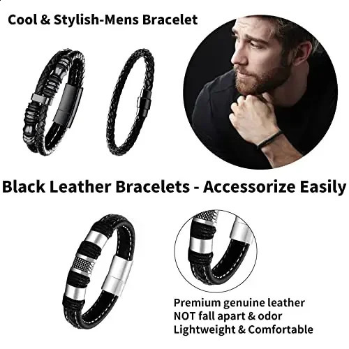 5 black leather bracelets mens womens mens bracelets leather steel woven cuff bracelet set 240914