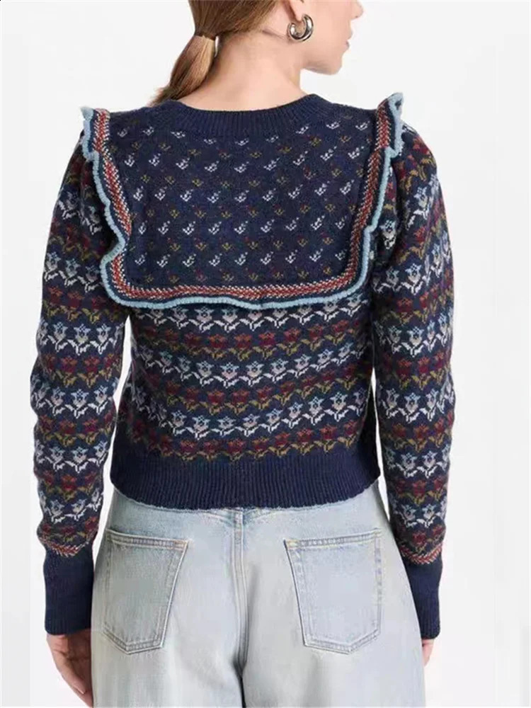 Women Wool Sweater Jacquard Round Neck Single Breasted Sweet Female Knit Cardigan 240904