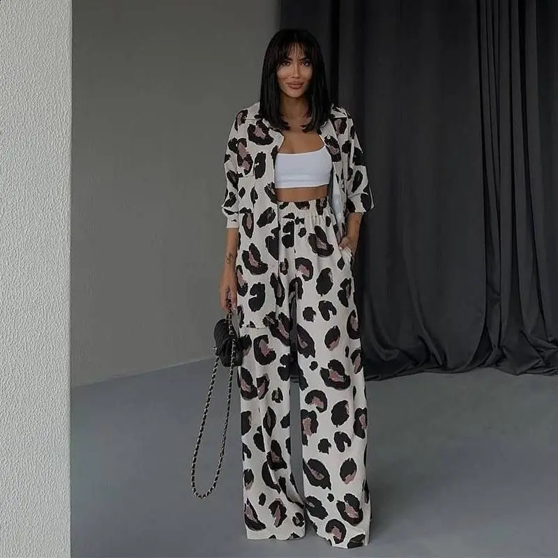 European and American springsummer casual womens suit printed n long sleeved shirtwide leg pants twopiece set 240905