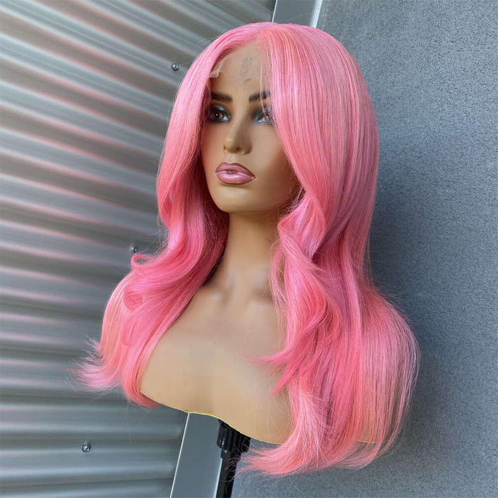 Customized Synthetic Front Human Hair Blend Peach Pink Wavy Wig For Women Heat Friendly Fiber HD Lace Wedding/Party Use