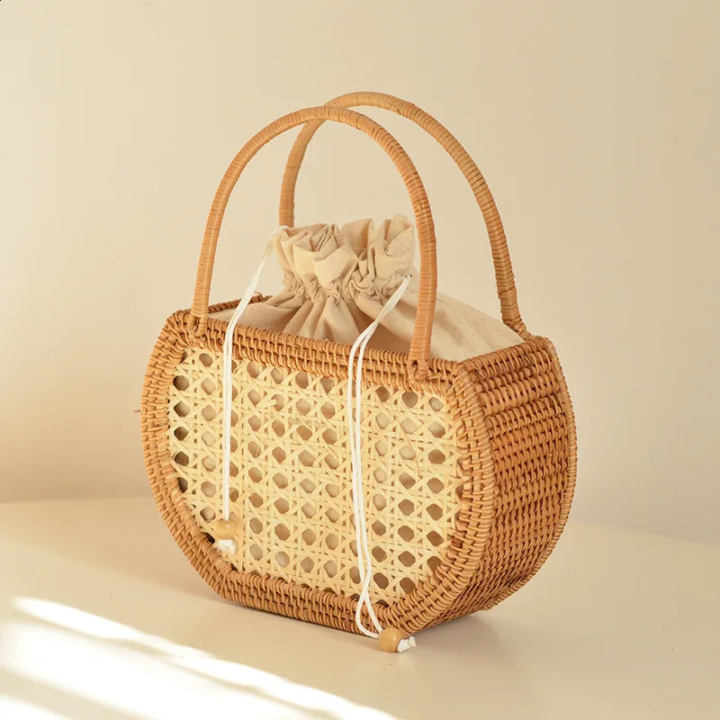 Leisure Hollow Lattan Basket Bag Willow Womens Handbag Handmade Summer Beach Straw Mini Bucket 240913