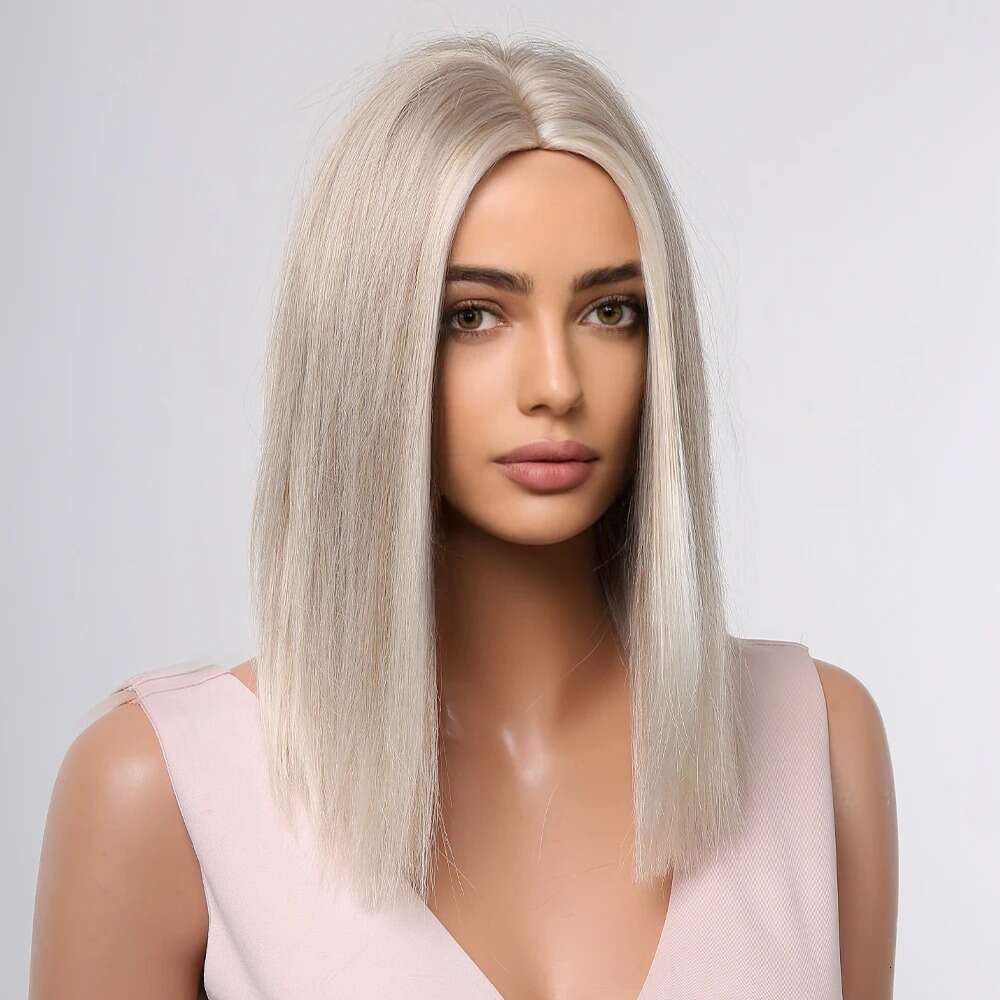 14" Short Straight Women Ombre Ash Blonde Highlights Synthetic Wigs Cute Bob Wig For Cosplay/Daily Heat Resistant Fiber