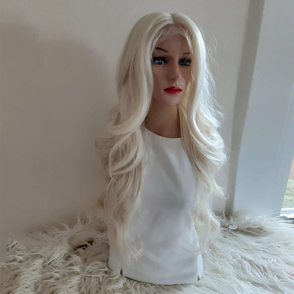 Heat Resistant Synthetic Hair Snow White Lace Front Wig Long Layered Wavy Women Wigs Perfect For Daily Use/Party Thick Density