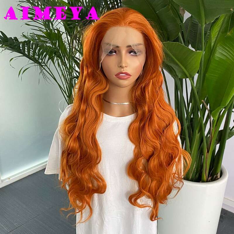 AIMEYA Orange Synthetic Lace Front For Women Natural Haire Long Loose Wave Wig Daily Use Cosplay Heat Resistant Fiber