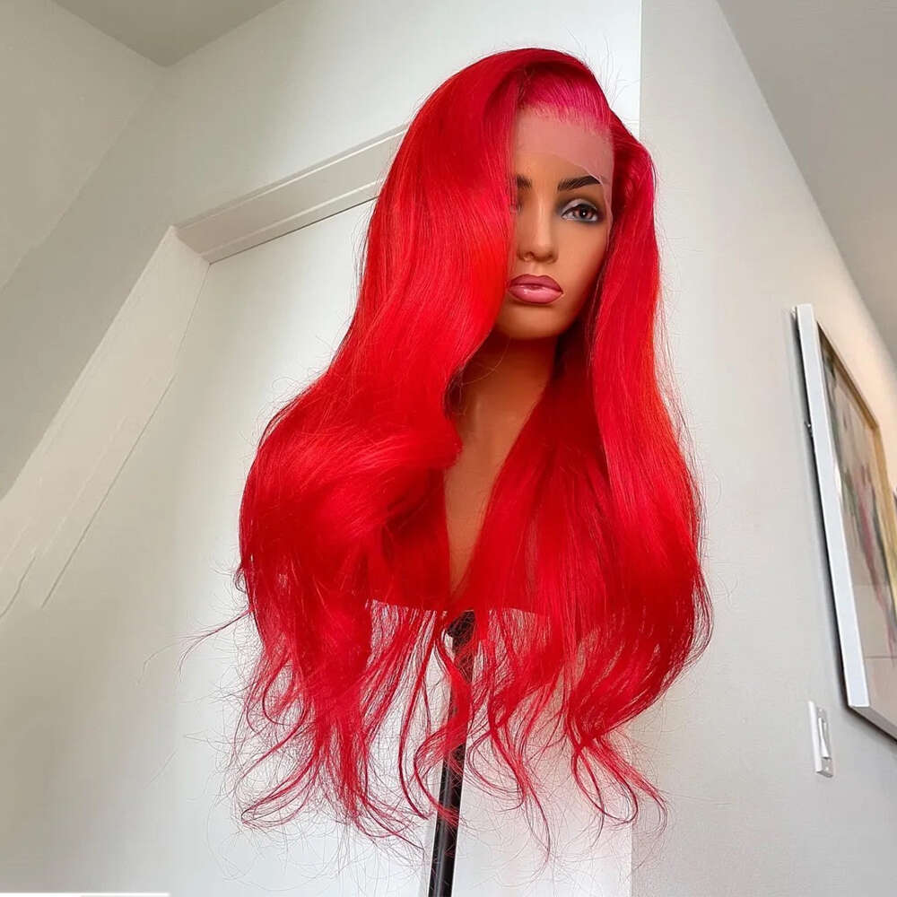 Red Cosplay Body Wave Synthetic Lace Front Wig For Women Heat Resistant Long Wavy Wigs 10% Human Hair Natural Haire