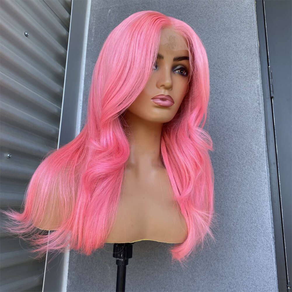 Customized Synthetic Front Human Hair Blend Peach Pink Wavy Wig For Women Heat Friendly Fiber HD Lace Wedding/Party Use