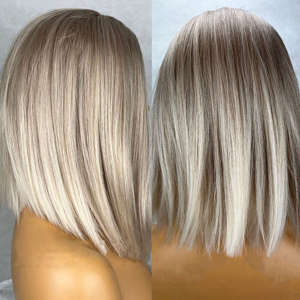 Japanese Synthetic Fiber 14" Ash Light Brown Platinum Blonde Lace Front Wig Strea Highlights Hair Eye Catching Gift Everyday