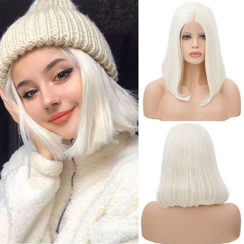 Natural Haire White Blonde Lace Front Wigs For Women Straight Short Bob Heat Resistant Synthetic Hair Cosplay Wedding Wig