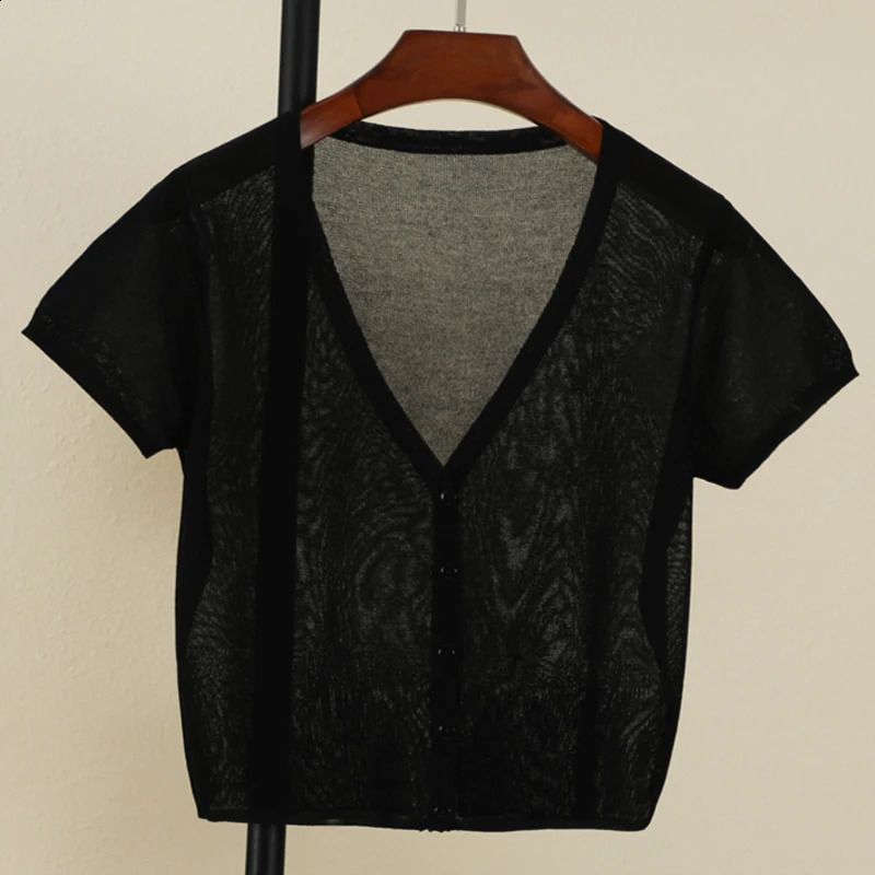 Outerwear Jerseys Summer Cardigan Women Cropped Blouses Korean Fashion Style Cute Vneck Womens Coat Black Bolero Woman Basic 240910