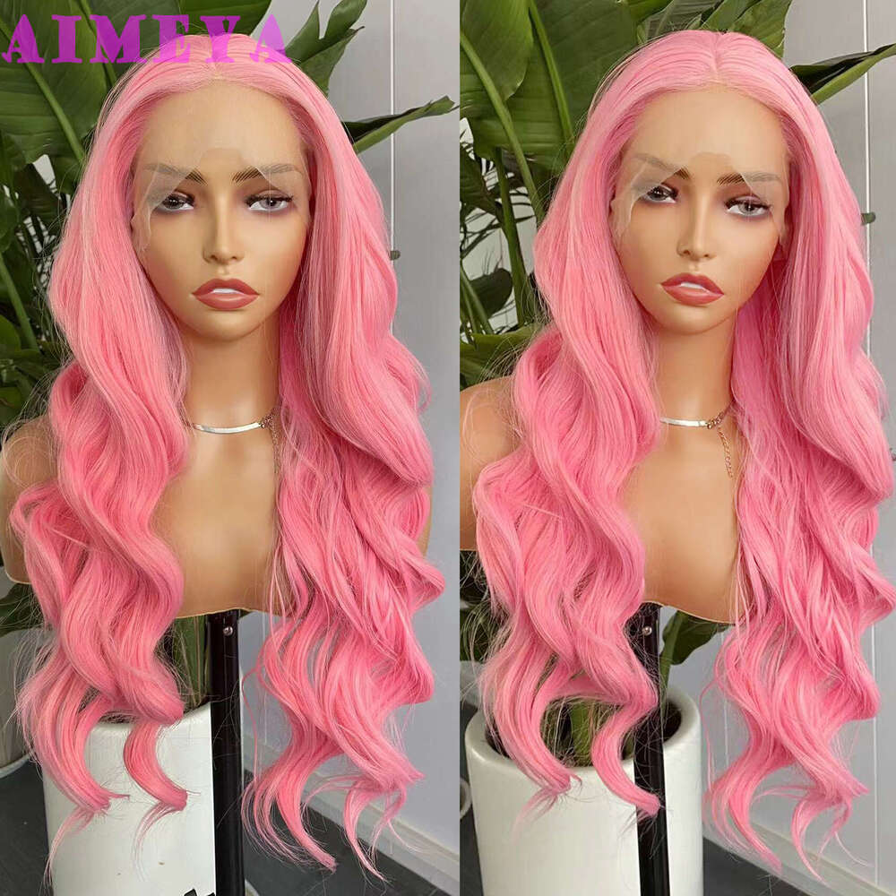 AIMEYA Lace Front For Women Girls Middle Part Long Body Wave Pink Wig Heat Resistant Synthetic Hair