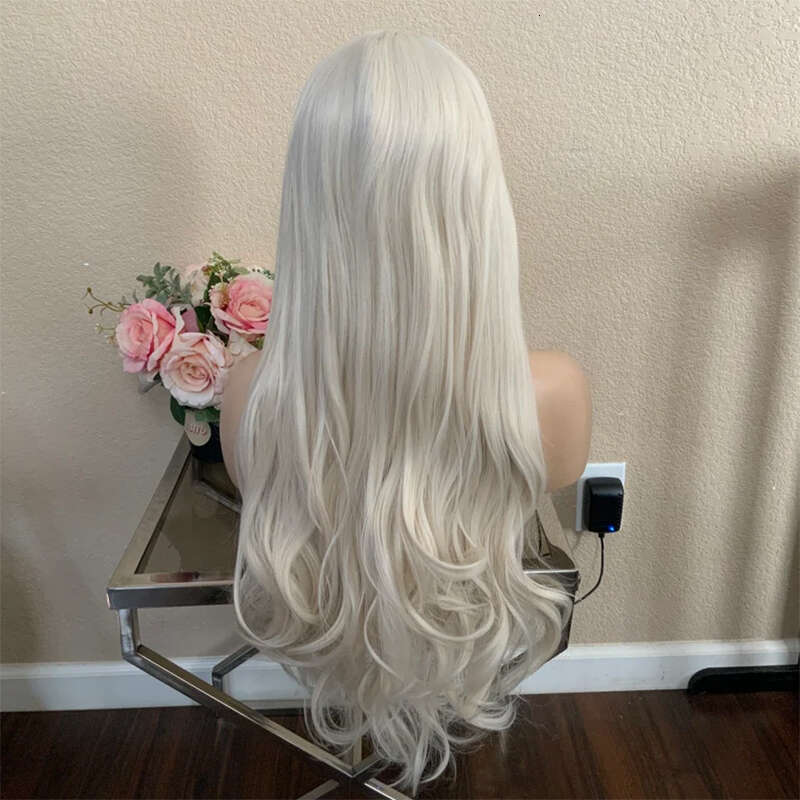 26'' White Platinum Blonde Lace Front Loose Wave Synthetic Heat Resistant Fiber Cosplay Wig Human Hair Mixed