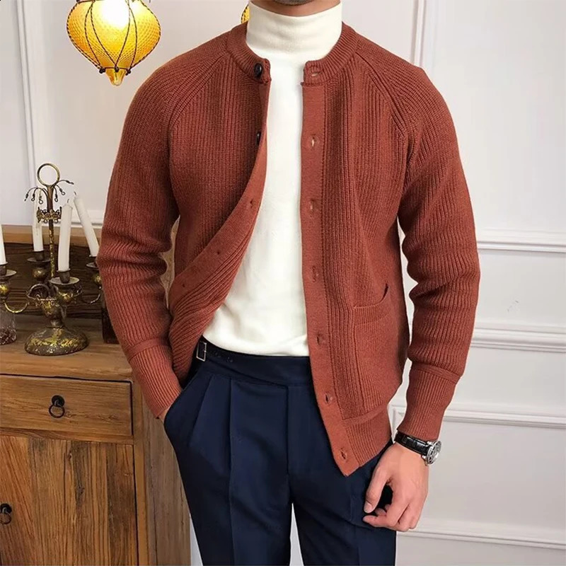 Fashionable mens sweater jacket autumn winter retro crew collar button knit cardigan casual 240906