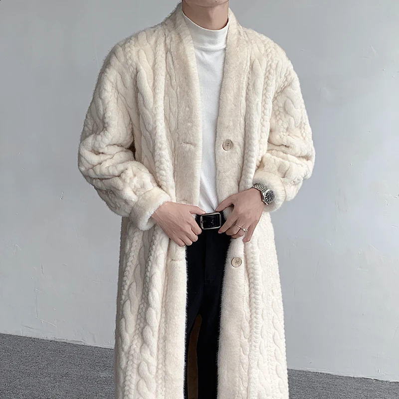 IEFB Fashion Mens Long Fur Coat Threedimensional Fried Dough Twists Bathrobe Style Mink Suede Autumn Outwear 9C3602 240905