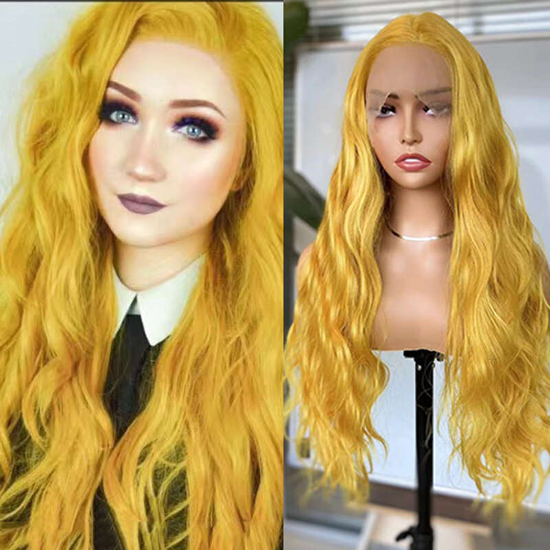 AIMEYA Lace Front For Fashion Women Heat Resistant Synthetic Hair Long Straight Loose Wave Curly Gloden Yellow Wigs