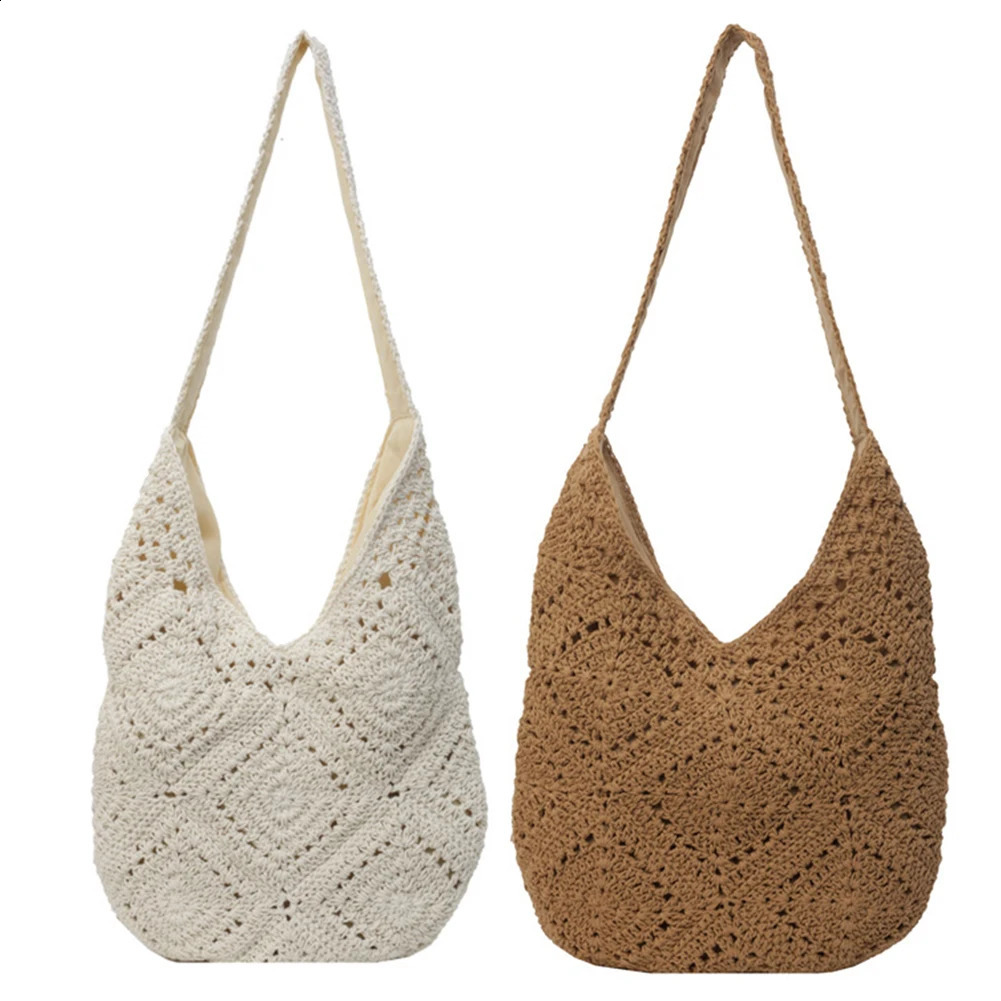 Crochet Summer Beach Bag Soft Knitted Handbag Womens Shoulder Hollow Vacation 240913