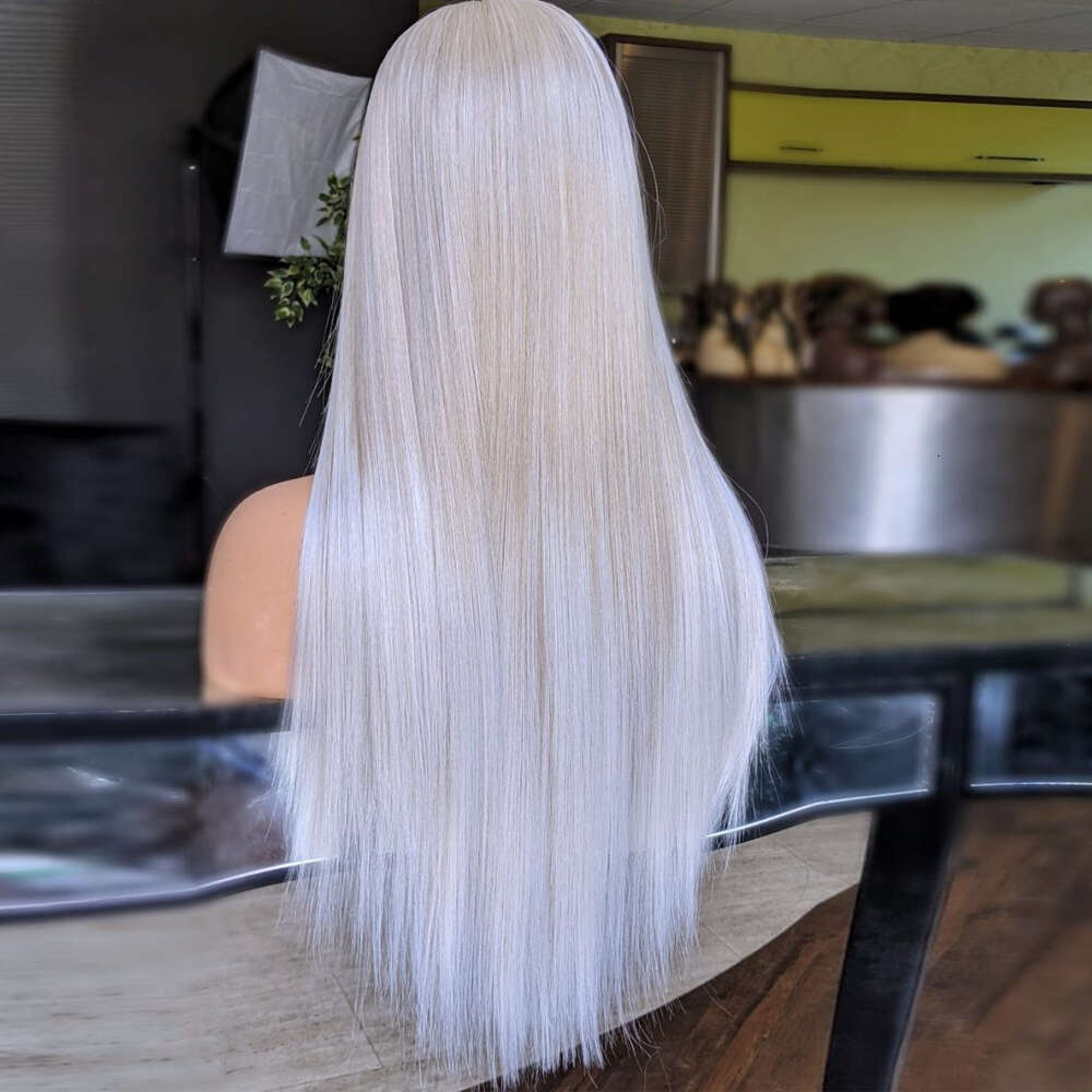 Human Hair Blended Synthetic Straight Creamy Blonde Highlights Front Wig 26" 150% Density Transparent Lace Daily/Party