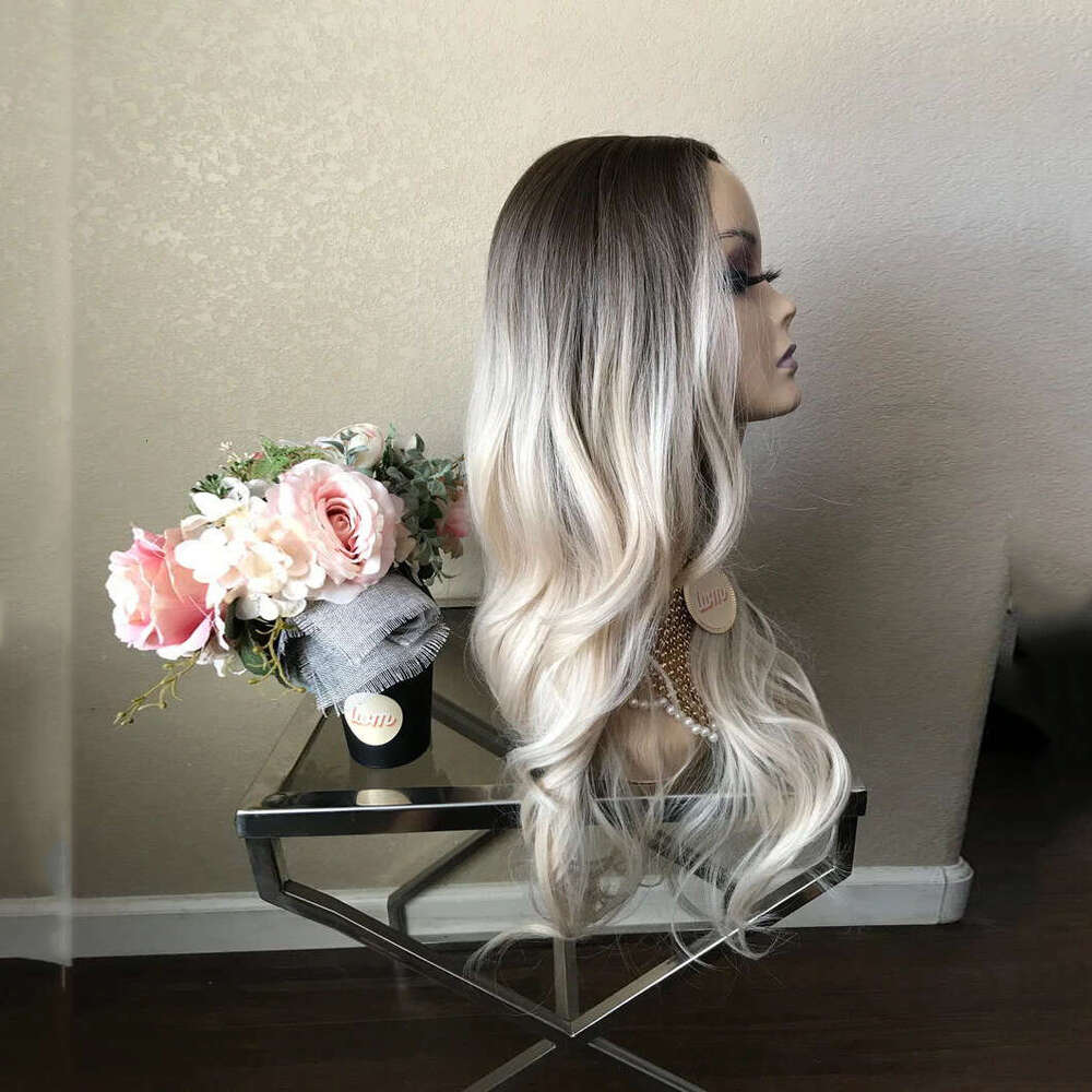 Black Roots Ombre Blonde Long Wave Synthetic Lace Front Wig For Women 10% Human Hair Wigs Heat Resistant Dailly Use 26" 150%