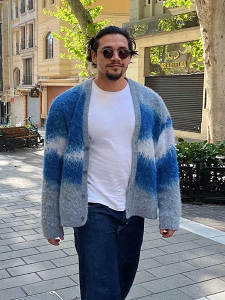 Fashion Tie Dye Cashmere Sweater Cardigan Man Long Sleeve Single Breasted Knitted Jacket Autumn Thicken Warm Woolen Coat M240914