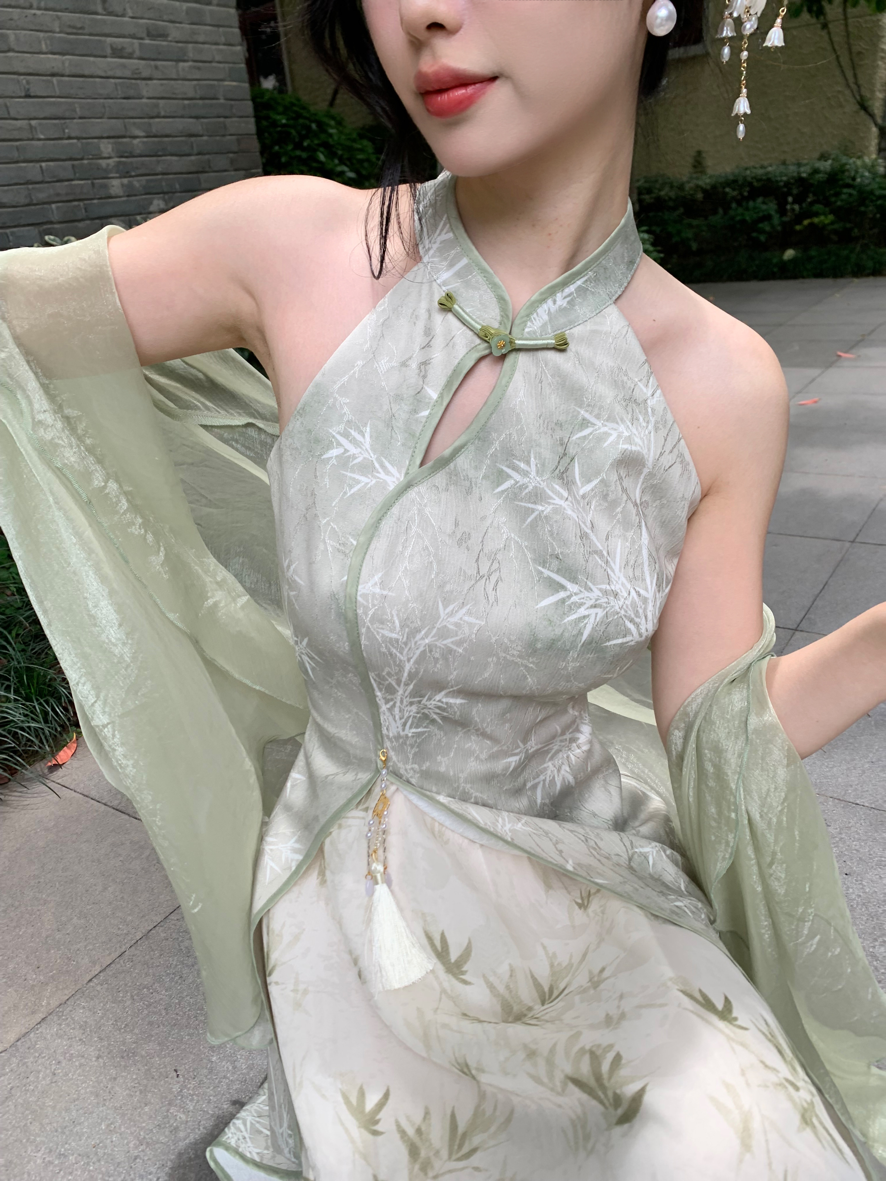 Blovelan Hanfu Style Cheongsam Dress - Bamboo Shadows Jacquard Print, Chinese Traditional Halter Neck Qipao