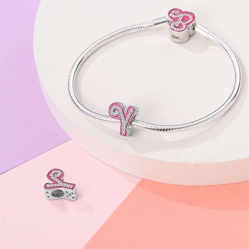 New 925 Sterling Silver 26 Pink Princess Shiny Letter Charms Beads Fit Original Bracelets DIY Birthday Jewelry